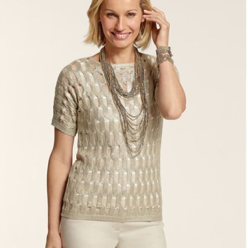 Chico's Gold Metallic Fiona Foil Pullover Sweater, Size 2 (US 12 Large)